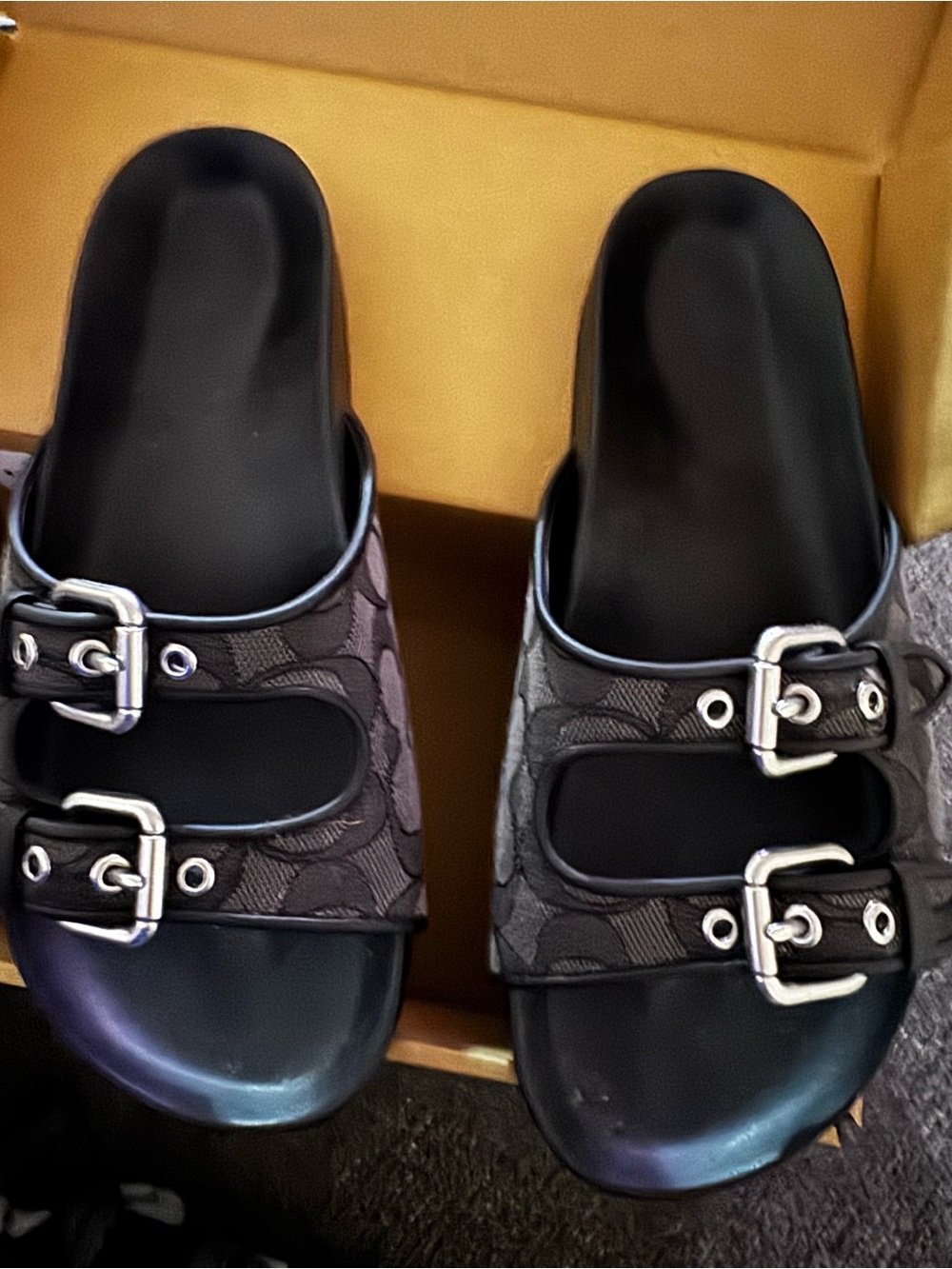 Coach Black Signature Buckle Double-Strap Slide Mules